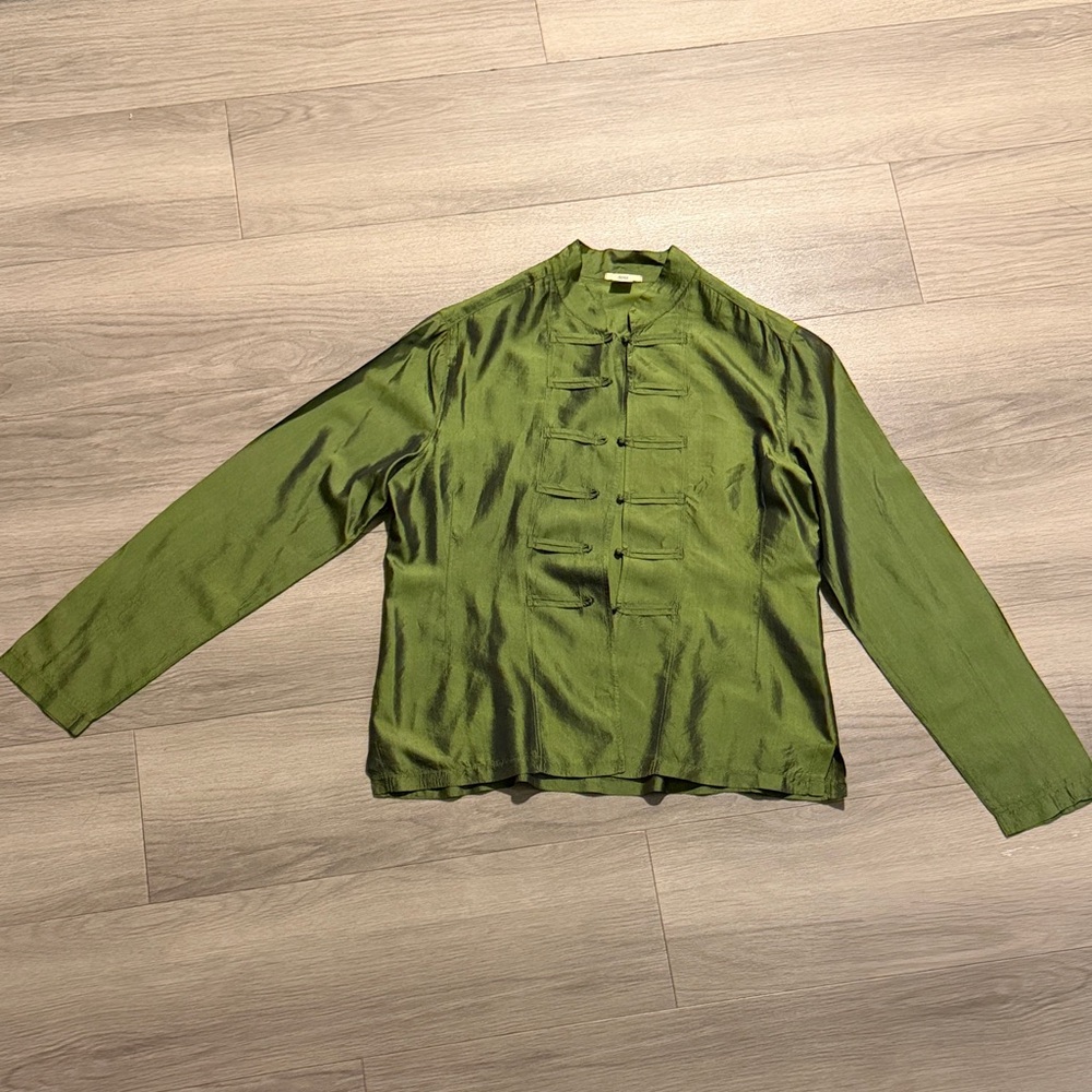 Silk-Inspired Olive Green Mandarin Button Blouse